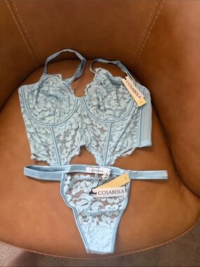 NWT Cosabella Pale Blue Lace Longline Bra & OS Thong Set. Magnolia. Bra 34D